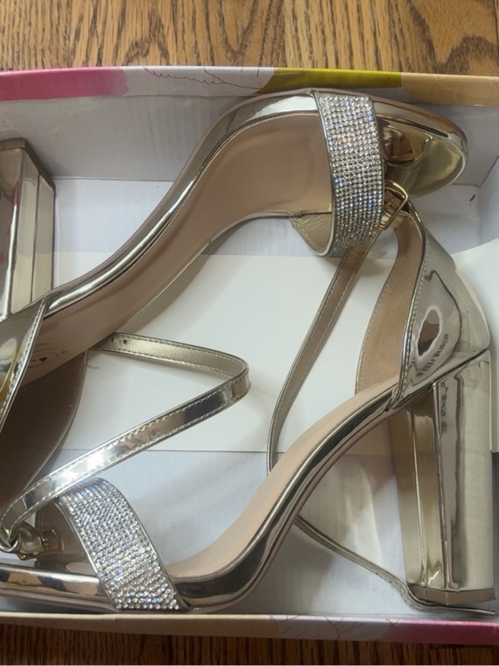 Delicious Metallic Gold Block Heel Sandals with Rhinestone Front Strap - Picture 4 of 5